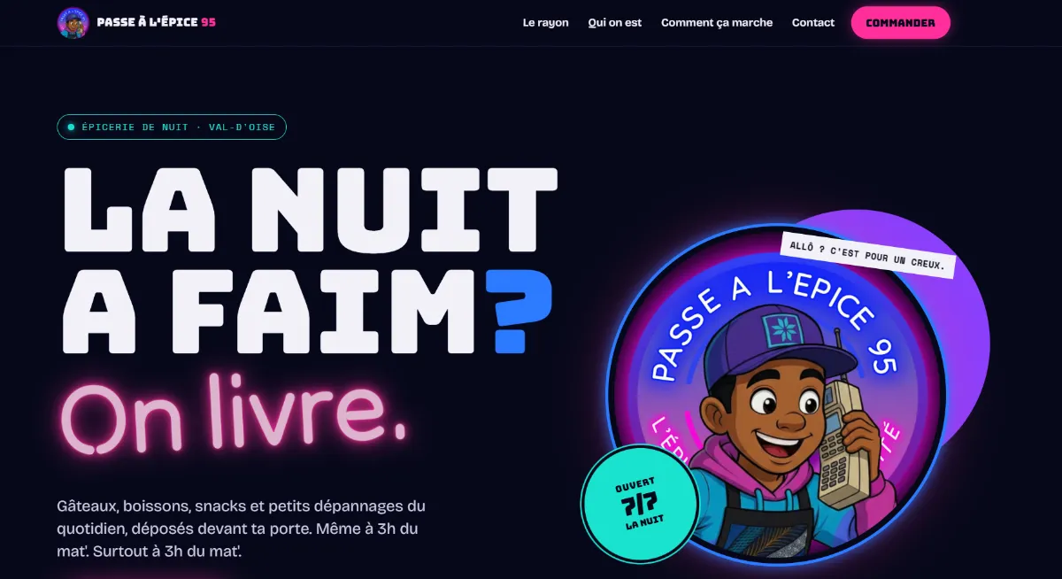 Capture d'écran de la page d'accueil du site Passe à l'épice 95, épicerie de nuit avec commande et livraison