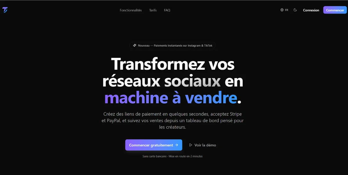 Capture d'écran de la page d'accueil de Teekzi, plateforme de paiement pour créateurs